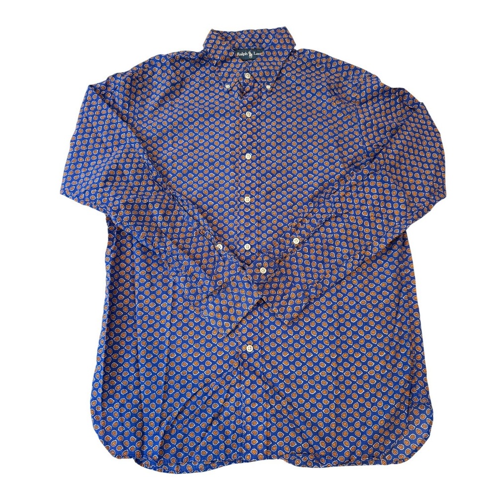 RALPH LAUREN Men's L Blue Orange Floral Paisley Print Button Down Dress Shirt